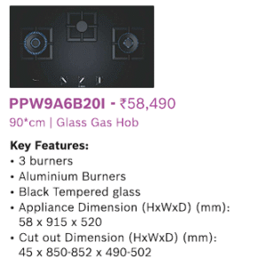PPW9A6B201 Gas Hob – 90cm Black Tempered Glass with 3 Burners