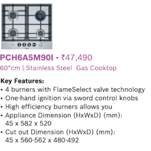 PCH6A5M901 Gas Cooktop – 60cm Stainless Steel with 4 Burners